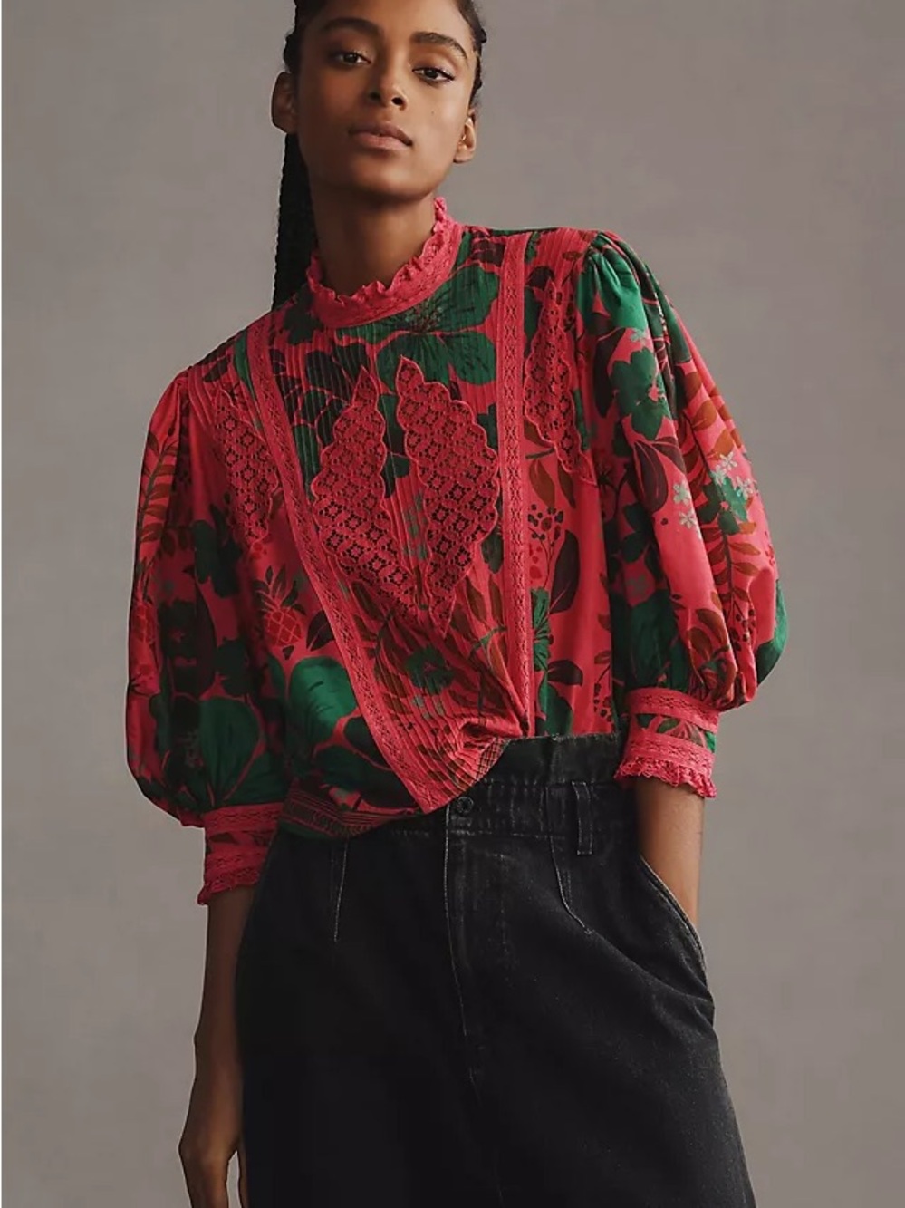 FARM Rio Red Floral Lace-Trim Puff Sleeve Blouse - Picture 4 of 6